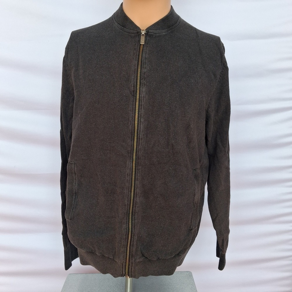 Denver Hayes Mens Full Zip Bomber Cardigan Sweater Charcoal Gray Size Medium